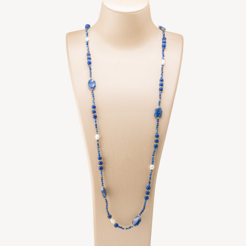Bijoux Necklace with Semi-Precious Stones and River Pearls 85cm MOD.2707 Sodalite and Lapis Lazuli