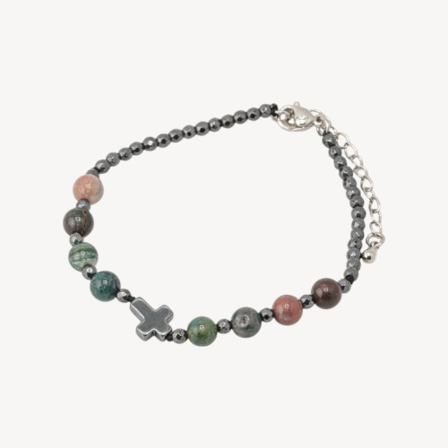 Pulsera de piedra natural de 6 mm con cruz y cierre de bronce de ágata india