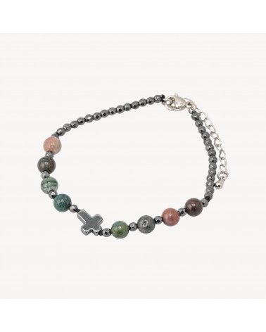 Bracciale Con Pietre Naturali da 6mm Con Croce Chiusura In Bronzo Agata Indiana-BRACCIALI DI PIETRE DURE | Worldofjewel.com