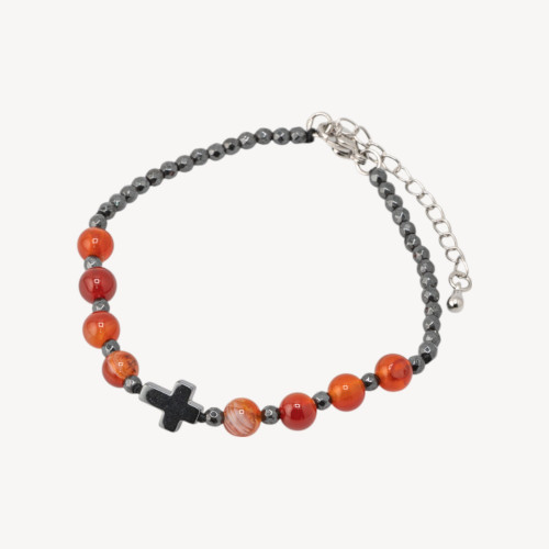 Pulsera de piedra natural de 6 mm con cruz y cierre de bronce de ágata roja