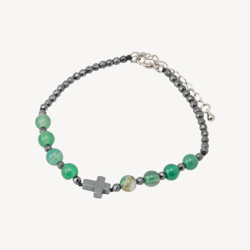 Bracelet en pierre naturelle de 6 mm avec croix et fermoir en bronze en agate verte