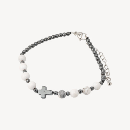 Bracelet en pierre naturelle de 6 mm avec croix et fermoir en bronze Aulite