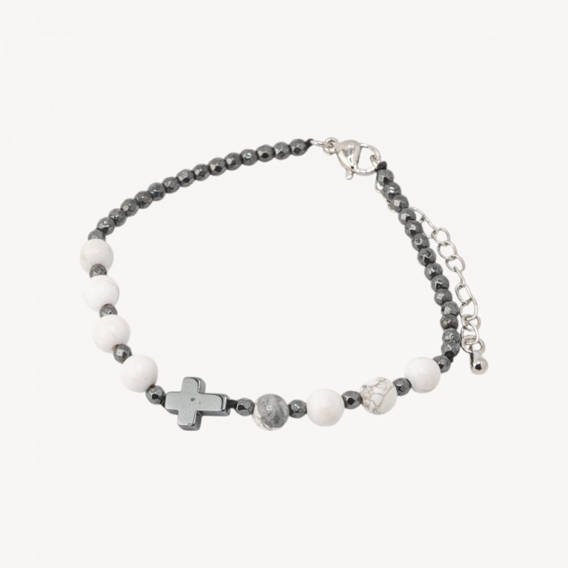 6 mm Natursteinarmband mit Kreuz und Verschluss aus Aulithbronze-HARTE STEINE | Worldofjewel.com