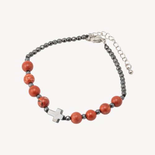 Pulsera de piedra natural de 6 mm con cruz y cierre de bronce de jaspe rojo