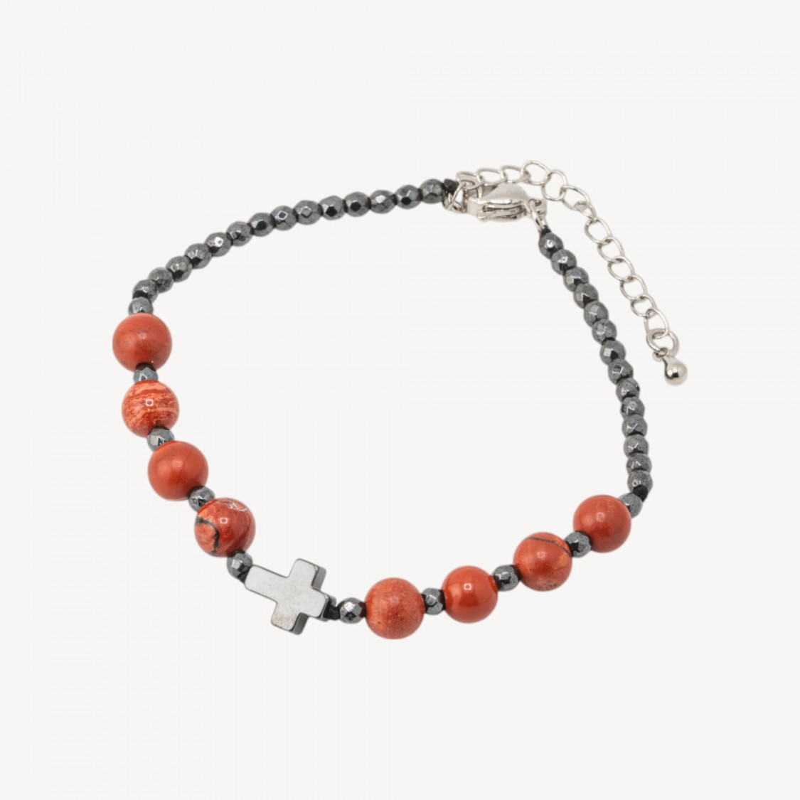 6 mm Natursteinarmband mit Kreuz und rotem Jaspis, Bronzeverschluss-HARTE STEINE | Worldofjewel.com