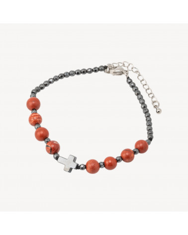Bracciale Con Pietre Naturali da 6mm Con Croce Chiusura In Bronzo Diaspro Rosso-PIERRES DURES | Worldofjewel.com