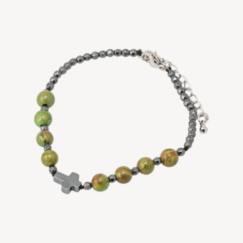 6mm Natural Stone Bracelet with Cross and Green Jasper Bronze Clasp