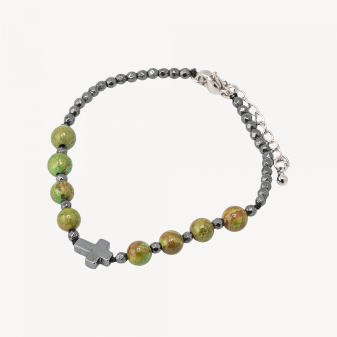 6mm Natural Stone Bracelet with Cross and Green Jasper Bronze Clasp-HARD STONES | Worldofjewel.com