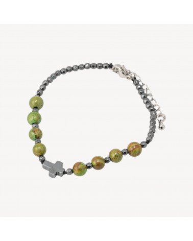 Bracciale Con Pietre Naturali da 6mm Con Croce Chiusura In Bronzo Diaspro Verde-BRACCIALI DI PIETRE DURE | Worldofjewel.com