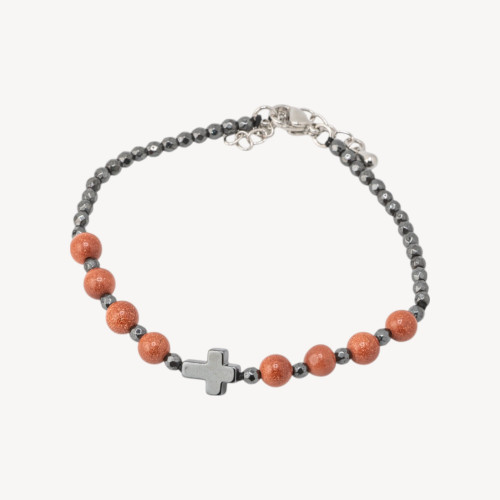 6 mm Natursteinarmband mit Kreuz und Goldsteinverschluss aus Bronze