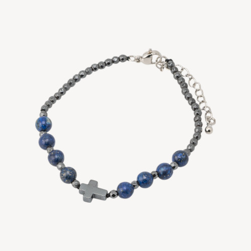 Pulsera de piedra natural de 6 mm con cruz y cierre de bronce con lapislázuli