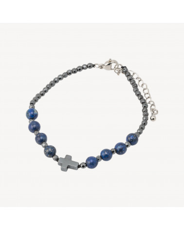 Bracciale Con Pietre Naturali da 6mm Con Croce Chiusura In Bronzo Lapislazzuli-BRACCIALI DI PIETRE DURE | Worldofjewel.com