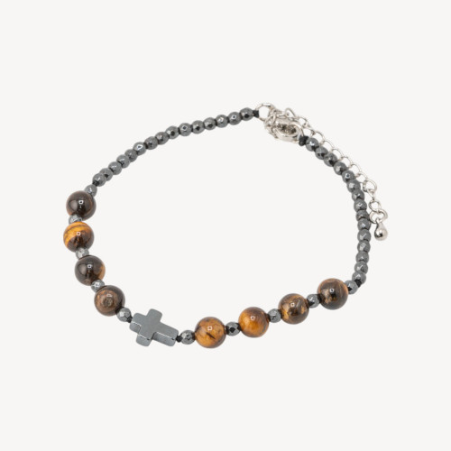 Bracelet en pierre naturelle de 6 mm avec croix et fermoir en bronze œil de tigre