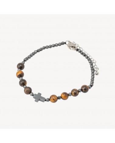 Bracciale Con Pietre Naturali da 6mm Con Croce Chiusura In Bronzo Occhio Di Tigre-PIERRES DURES | Worldofjewel.com