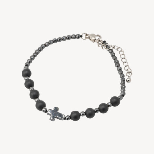 Pulsera de piedra natural de 6 mm con cruz y cierre de bronce de ónix
