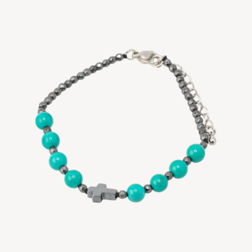 Bracelet en pierre naturelle de 6 mm avec croix et fermoir en bronze turquoise