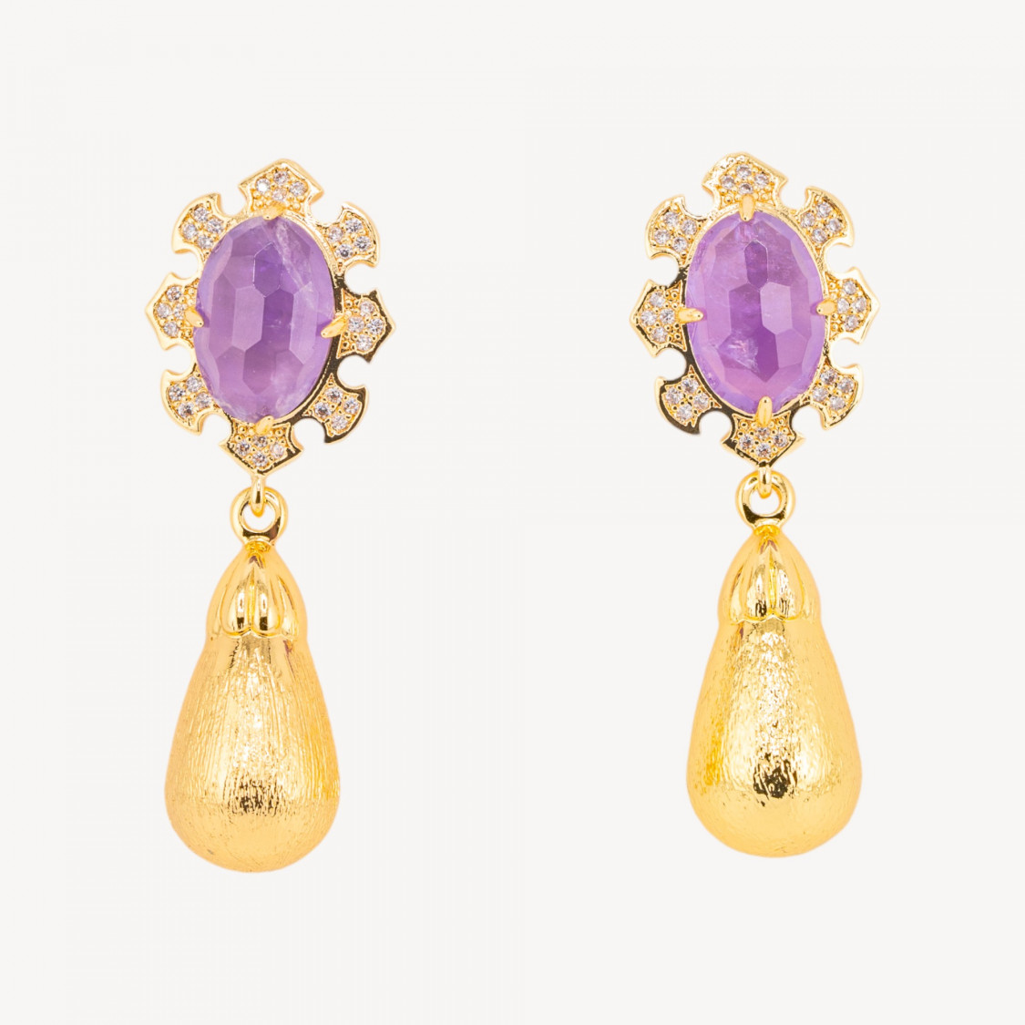 Orecchini Bijoux In Bronzo Con Pietre Dure Incastonate E Gocce Dorate Ametista-ORECCHINI MADE WITH STYLE | Worldofjewel.com