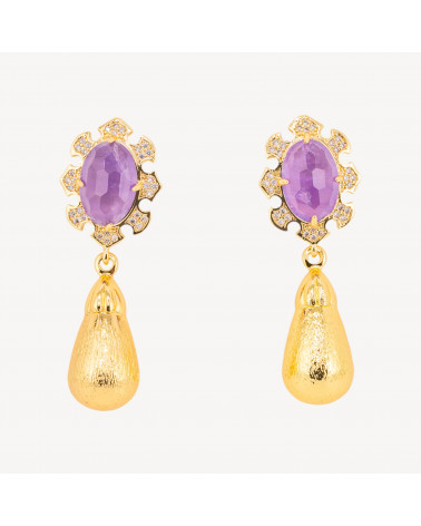 Orecchini Bijoux In Bronzo Con Pietre Dure Incastonate E Gocce Dorate Ametista-ORECCHINI MADE WITH STYLE | Worldofjewel.com