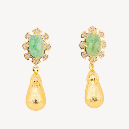 Bronze Bijoux Earrings with Set Gemstones and Golden Green Aventurine Drops