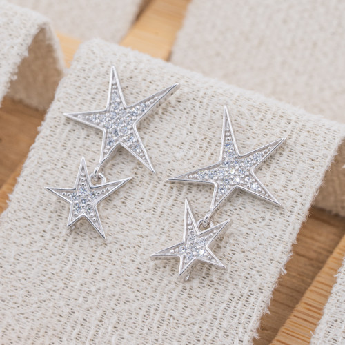 Base para pendientes de plata 925 con ganchos de doble estrella de 16 x 24 mm, 1 par, chapado en rodio