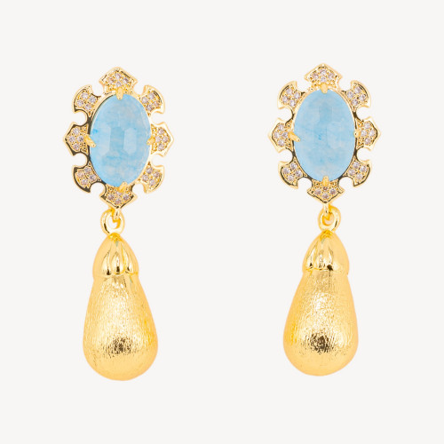 Pendientes de bisutería de bronce con piedras preciosas engastadas y gotas doradas en jade azul cielo