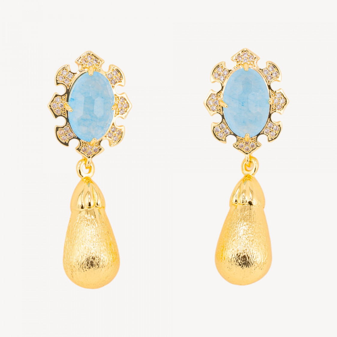 Orecchini Bijoux In Bronzo Con Pietre Dure Incastonate E Gocce Dorate Giada Celeste-ORECCHINI MADE WITH STYLE | Worldofjewel.com