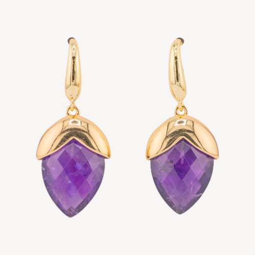 Ohrhänger aus Bronze mit facettierten Edelsteinen, Tropfenform, 18 x 45 mm, vergoldeter Amethyst