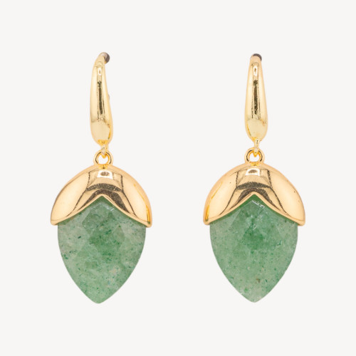 Boucles d'oreilles pendantes en bronze plaqué or, serties de pierres précieuses facettées, 18 x 45 mm, aventurine verte
