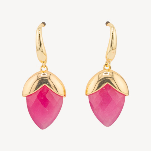 Bronze Leverback Earrings with Faceted Gemstones, Drop Shape, 18x45mm, Gold-Plated, Ruby Jade
