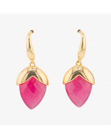 Orecchini A Monachella Di Bronzo Con Pietre Dure Sfaccettate Forma Goccia 18x45mm Dorato Giada Ruby-ORECCHINI MADE WITH STYLE | Worldofjewel.com