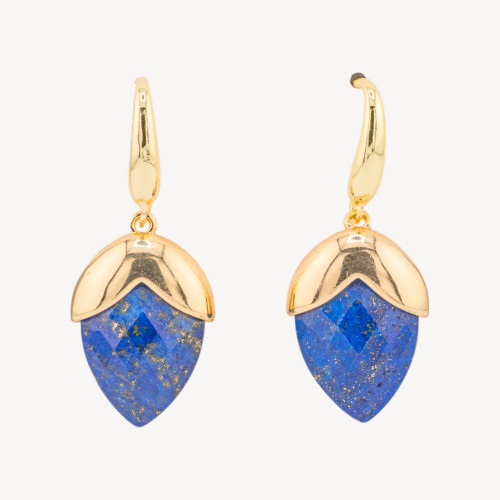 Pendientes de bronce con cierre de palanca y piedras preciosas facetadas en forma de gota, 18 x 45 mm, lapislázuli bañado en oro