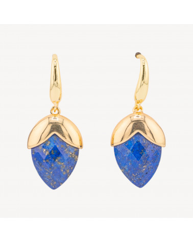 Orecchini A Monachella Di Bronzo Con Pietre Dure Sfaccettate Forma Goccia 18x45mm Dorato Lapislazzuli-ORECCHINI MADE WITH STYLE | Worldofjewel.com
