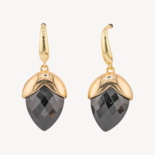Pendientes de bronce con cierre de palanca y piedras preciosas facetadas en forma de gota de ónix bañado en oro de 18 x 45 mm.