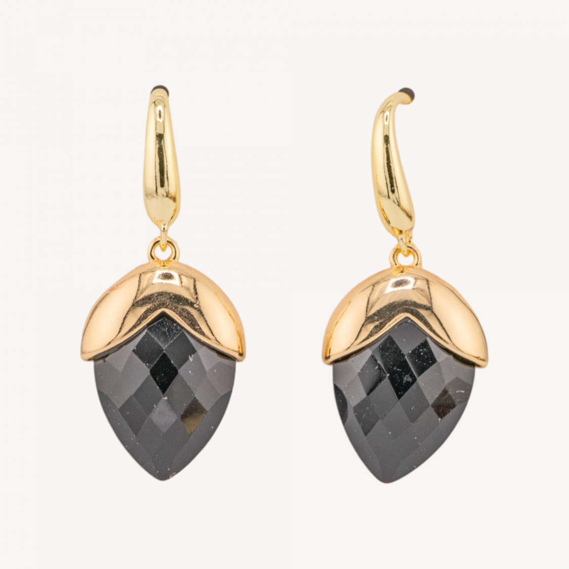 Orecchini A Monachella Di Bronzo Con Pietre Dure Sfaccettate Forma Goccia 18x45mm Dorato Onice-ORECCHINI MADE WITH STYLE | Worldofjewel.com