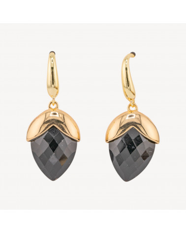 Orecchini A Monachella Di Bronzo Con Pietre Dure Sfaccettate Forma Goccia 18x45mm Dorato Onice-ORECCHINI MADE WITH STYLE | Worldofjewel.com