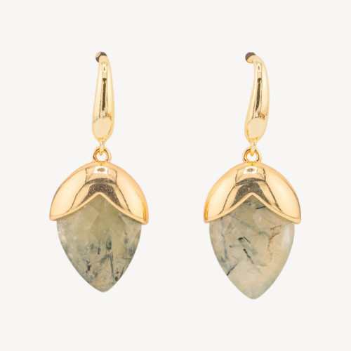 Bronze Leverback Earrings with Faceted Drop-Shaped Gemstones 18x45mm Gold-Plated Prehnite