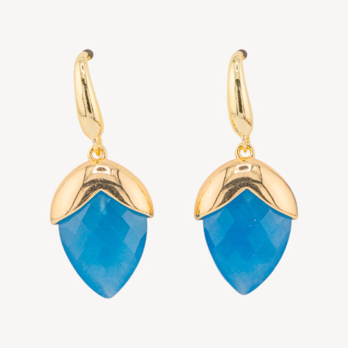 Pendientes de bronce con cierre de palanca y piedras preciosas facetadas en forma de gota de cuarzo azul claro bañadas en oro de