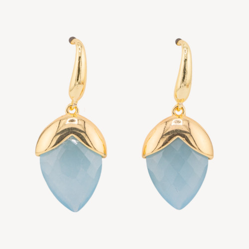 Boucles d'oreilles à levier en bronze avec pierres précieuses facettées en forme de goutte (18 x 45 mm), plaquées or, quartz ble