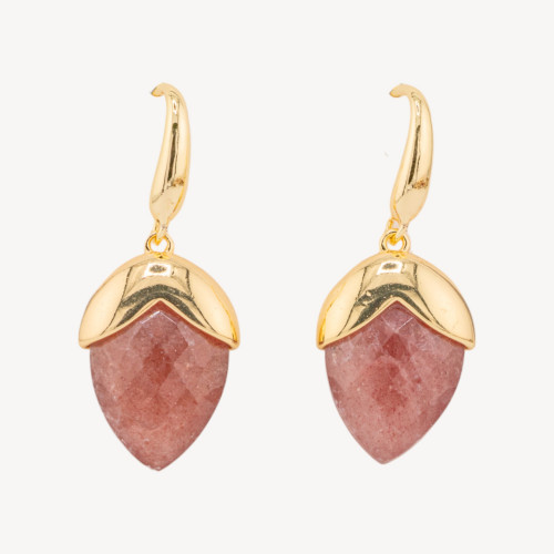 Boucles d'oreilles à levier en bronze avec pierres précieuses facettées en forme de goutte, quartz fraise plaqué or 18 x 45 mm