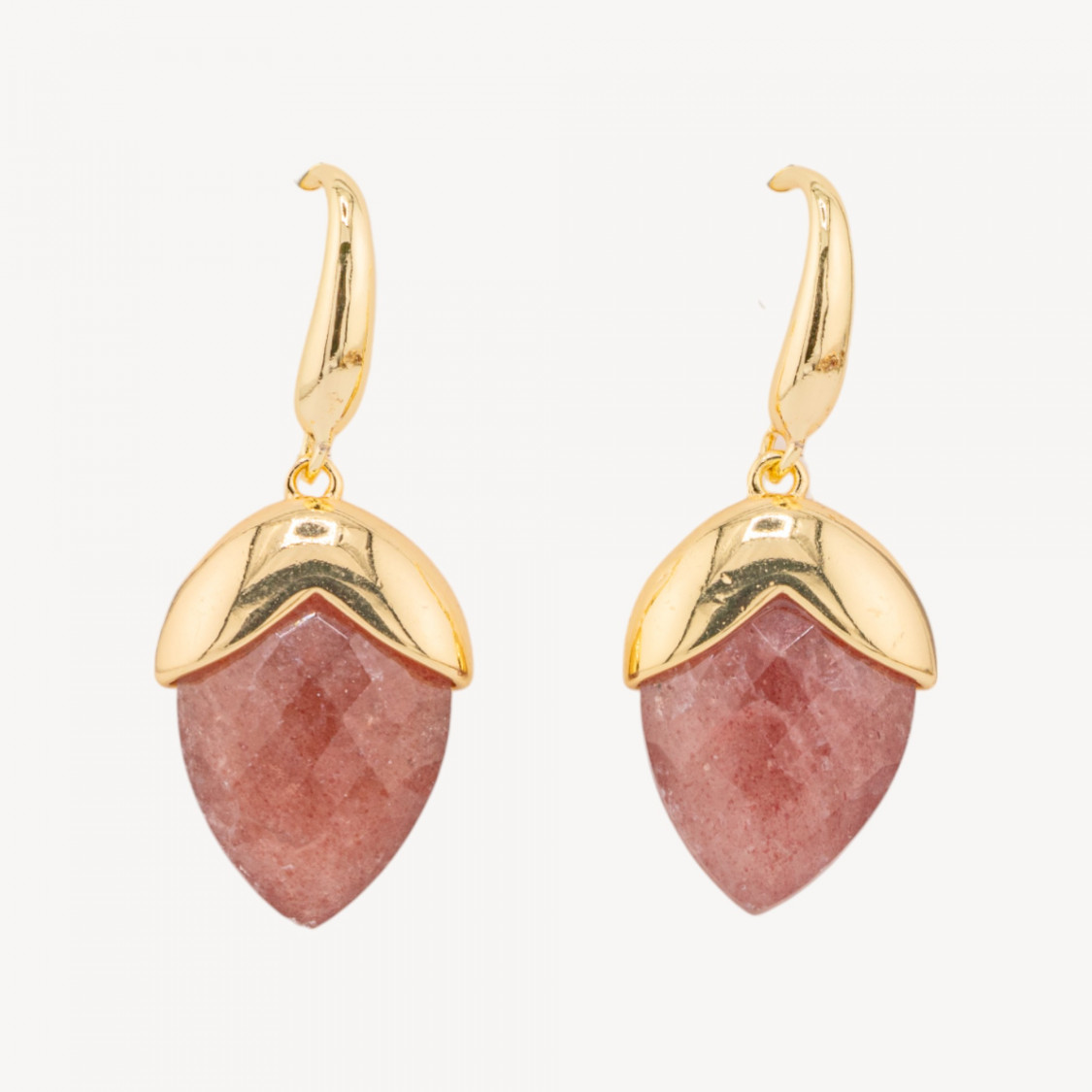 Orecchini A Monachella Di Bronzo Con Pietre Dure Sfaccettate Forma Goccia 18x45mm Dorato Quarzo Fragola-ORECCHINI MADE WITH STYLE | Worldofjewel.com