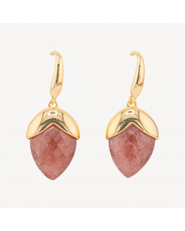 Orecchini A Monachella Di Bronzo Con Pietre Dure Sfaccettate Forma Goccia 18x45mm Dorato Quarzo Fragola-ORECCHINI MADE WITH STYLE | Worldofjewel.com