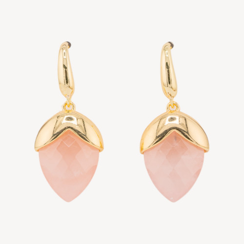 Bronze Leverback Earrings with Faceted Drop-Shaped Gemstones 18x45mm Gold-Plated Rose Quartz