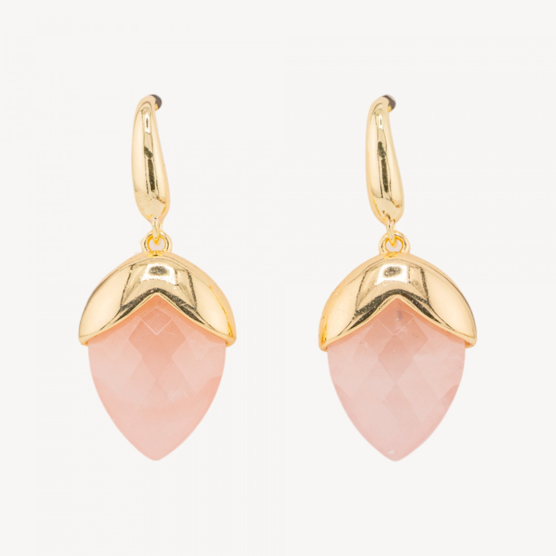 Orecchini A Monachella Di Bronzo Con Pietre Dure Sfaccettate Forma Goccia 18x45mm Dorato Quarzo Rosa-ORECCHINI MADE WITH STYLE | Worldofjewel.com