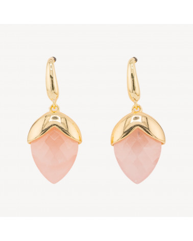 Orecchini A Monachella Di Bronzo Con Pietre Dure Sfaccettate Forma Goccia 18x45mm Dorato Quarzo Rosa-ORECCHINI MADE WITH STYLE | Worldofjewel.com