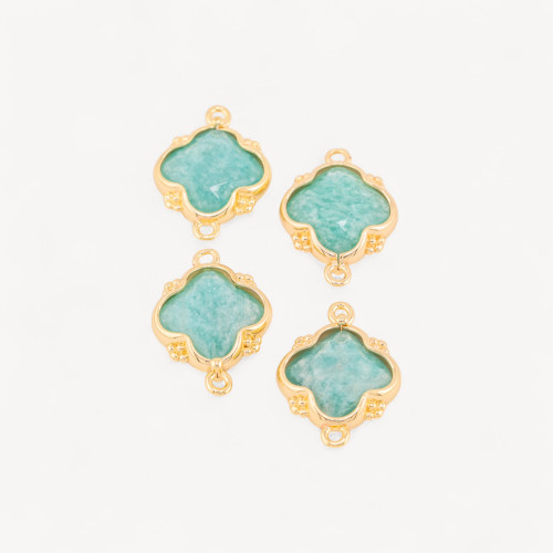 Connector Component of Hard Stones Set with Bronze Four-Leaf Clover 2 Jump Rings 15x20mm 6pcs Golden Amazonite
