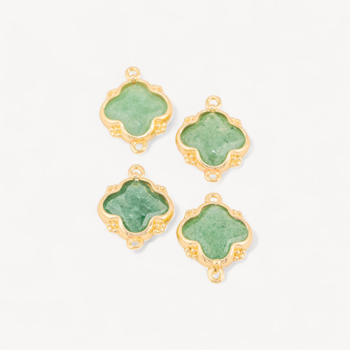 Connector Component of Hard Stones Set with Bronze Four-Leaf Clover 2 Jump Rings 15x20mm 6pcs Gold Plated Green Aventurine