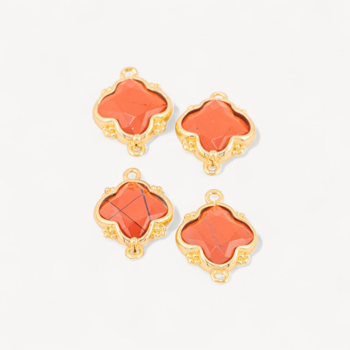 Connector Component of Hard Stones Set with Bronze Four-Leaf Clover 2 Jump Rings 15x20mm 6pcs Golden Red Jasper