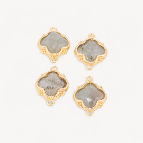 Connector Component of Hard Stones Set with Bronze Four-Leaf Clover 2 Jump Rings 15x20mm 6pcs Golden Lapis Lazuli