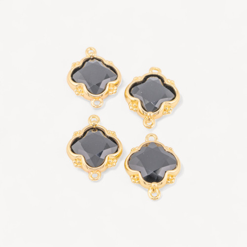 Connector Component of Hard Stones Set with Bronze Four-Leaf Clover 2 Jump Rings 15x20mm 6pcs Golden Onyx