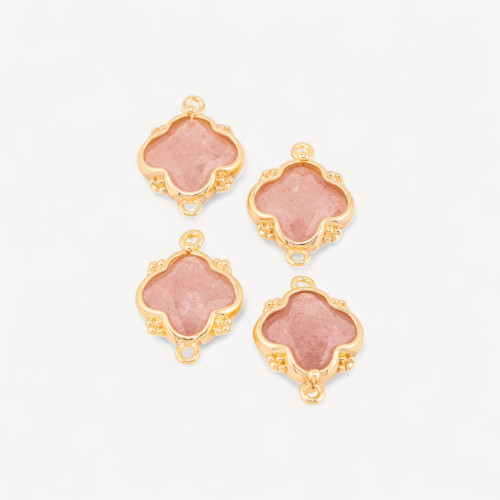 Connector Component of Semiprecious Stones Set with Bronze Four-Leaf Clover 2 Jump Rings 15x20mm 6pcs Golden Strawberry Quartz